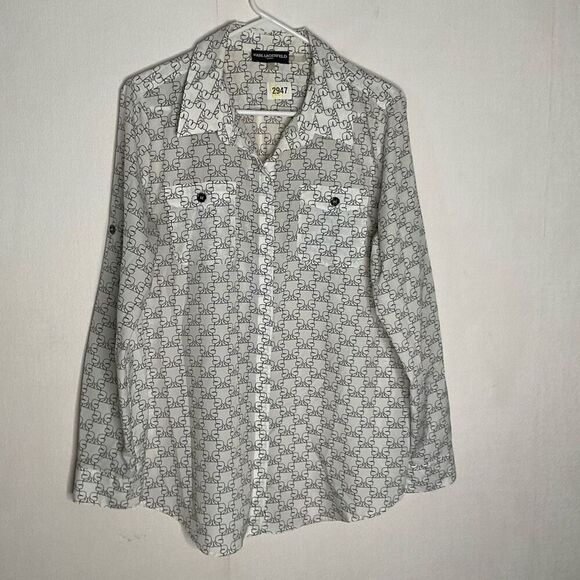 Karl Lagerfeld Womens Large Profile Face Print‎ Long RollTab Sleeve Blouse - Picture 1 of 8